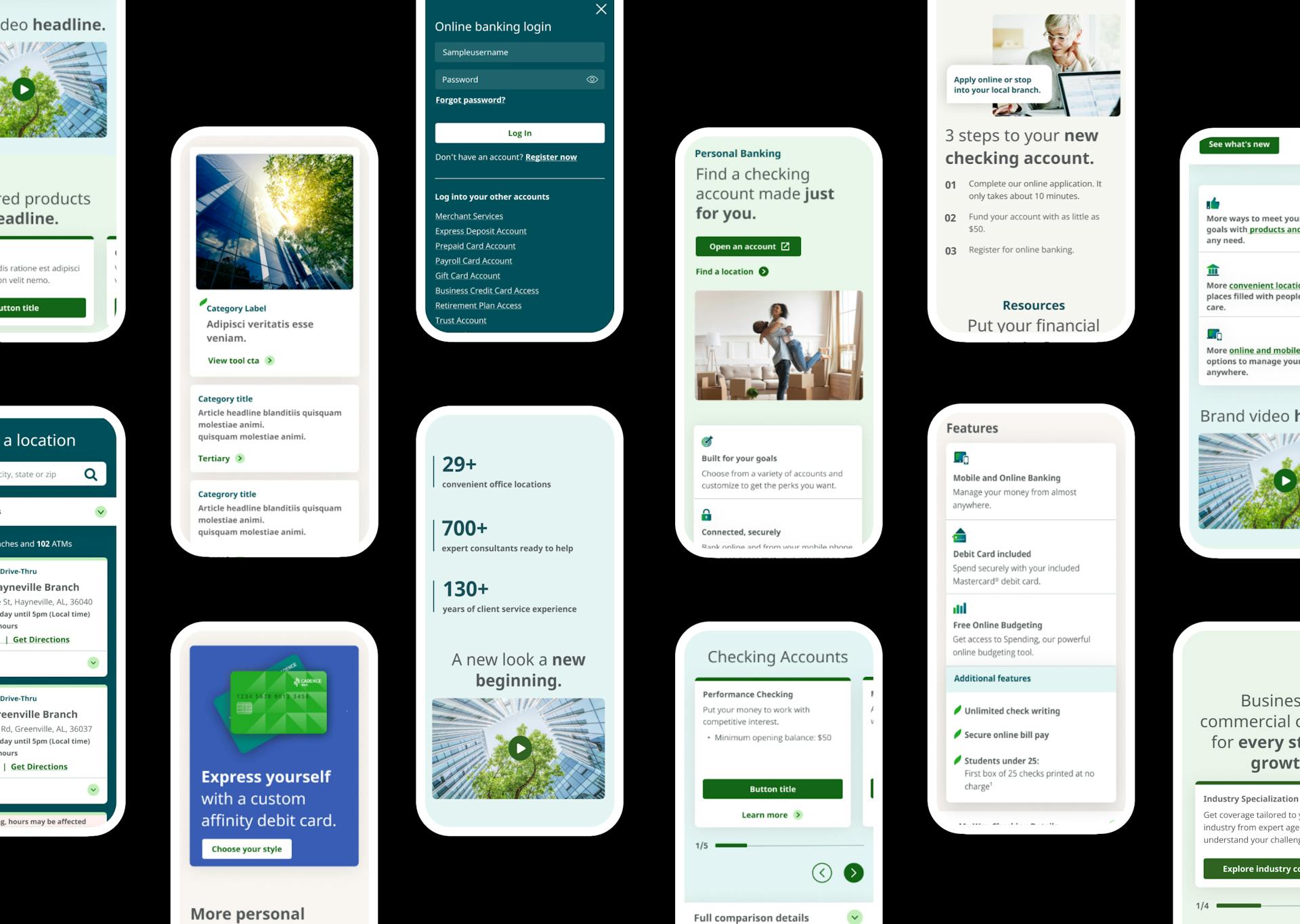 Phone screens showcasing the mobile design of Cadence Bank