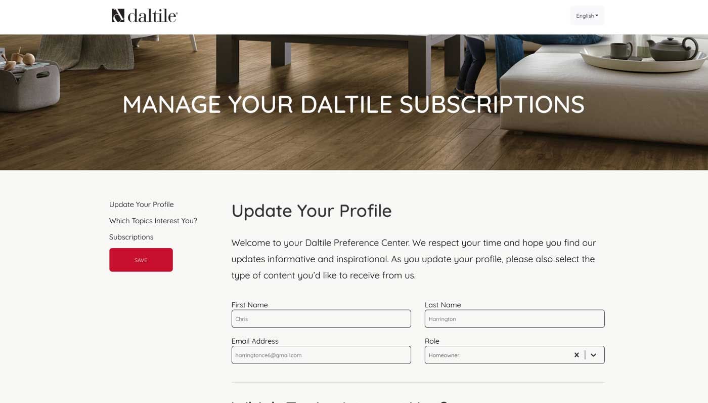 A screenshot of the No Code Preference Center application for Daltile