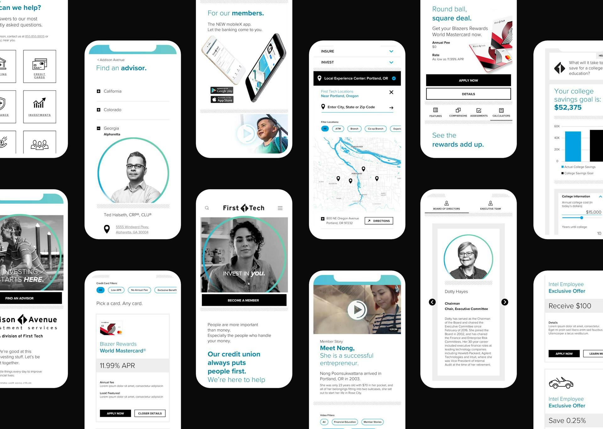 Horizontal's screen designs for First Tech's mobile experience
