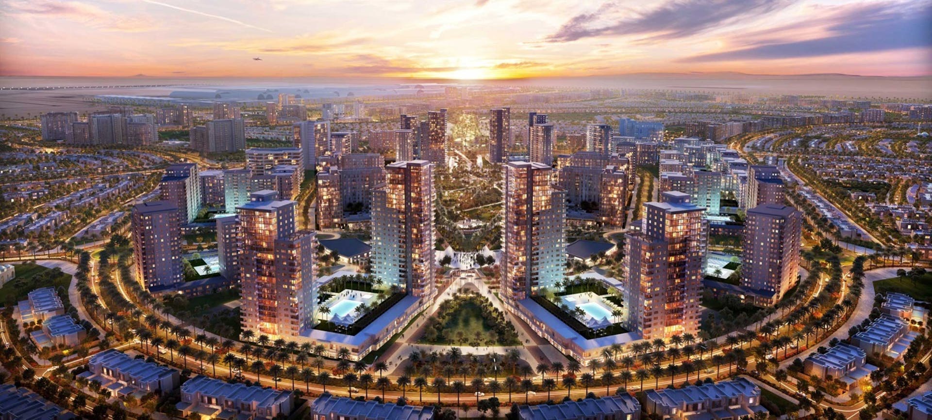 A bird's eye view of a striking real estate development in Dubai
